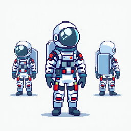 A pixel art representation of an astronaut in a 16x16 format, showcasing a half body view