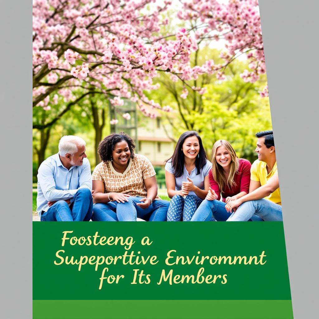 A captivating cover design focused on the theme "Fostering a Supportive Environment for Its Members", featuring a lively, harmonious scene of a diverse group of individuals interacting in a supportive setting