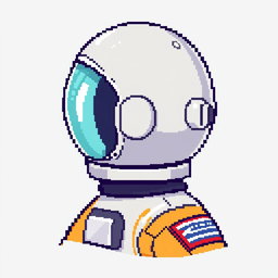 A pixel art depiction of an astronaut from the head to shoulders in a 16x16 format, designed as an animation sprite sheet that illustrates sequential movements