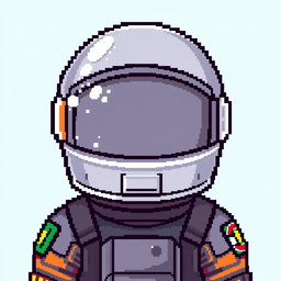A pixel art depiction of an astronaut from the head to shoulders in a 16x16 format, designed as an animation sprite sheet that illustrates sequential movements