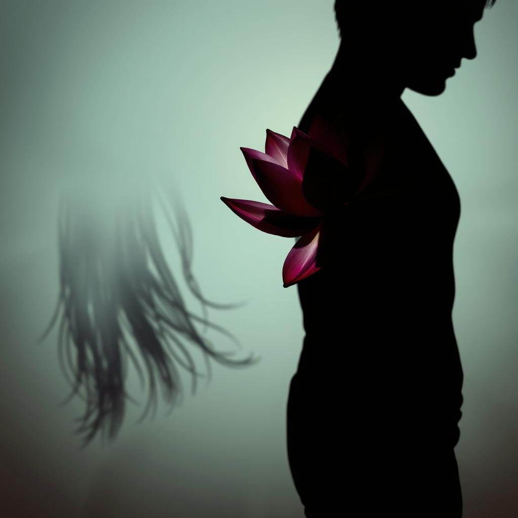 A striking image featuring a standing silhouette of a woman with long, flowing black hair, gracefully holding a vibrant lotus flower that is dramatically covered in blood