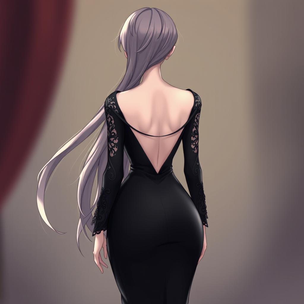 A back view of a female character, featuring long flowing hair cascading down her back