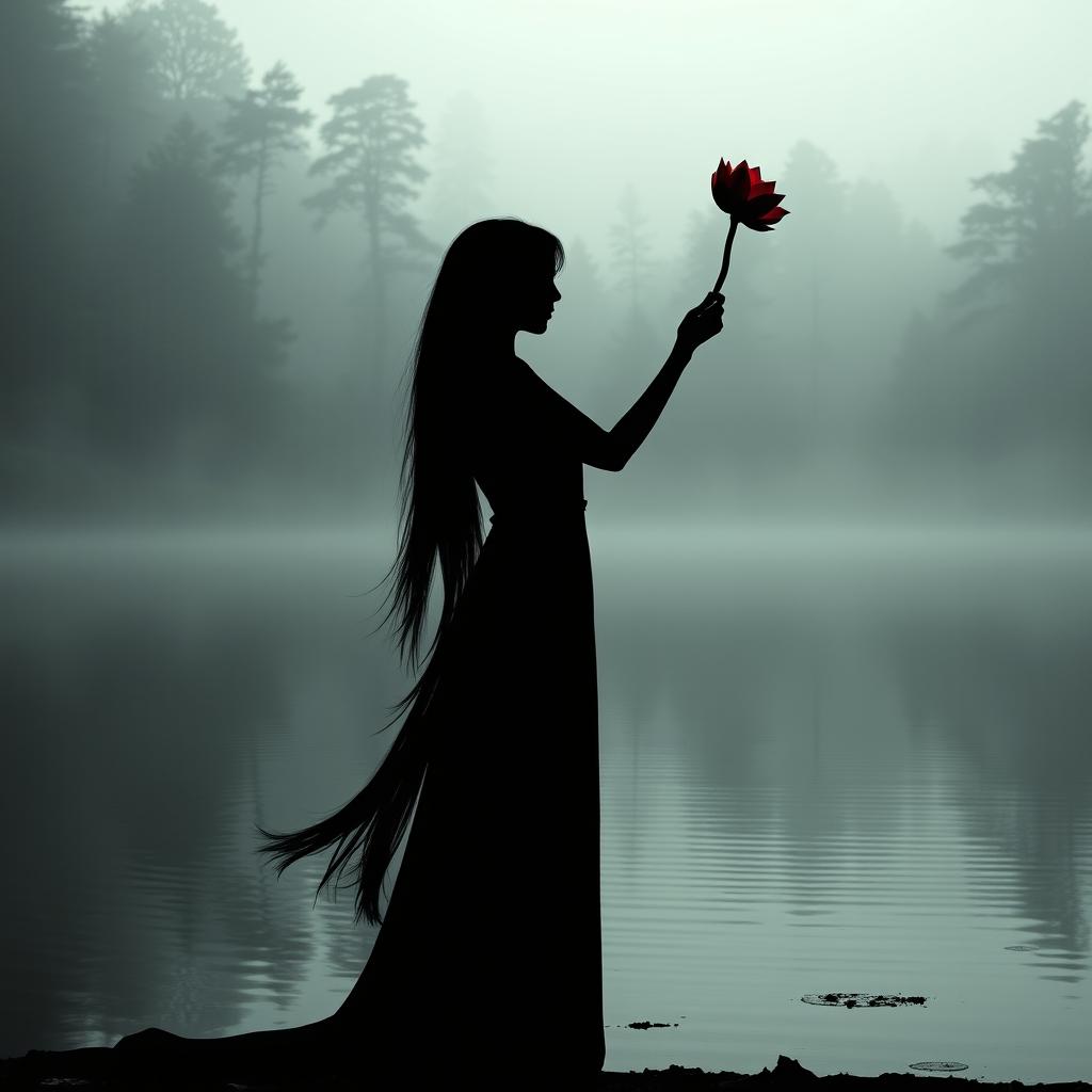 A standing silhouette of a woman with long flowing black hair, gracefully holding a lotus flower that is vibrant with deep red blood, set against the serene backdrop of a misty forest lake