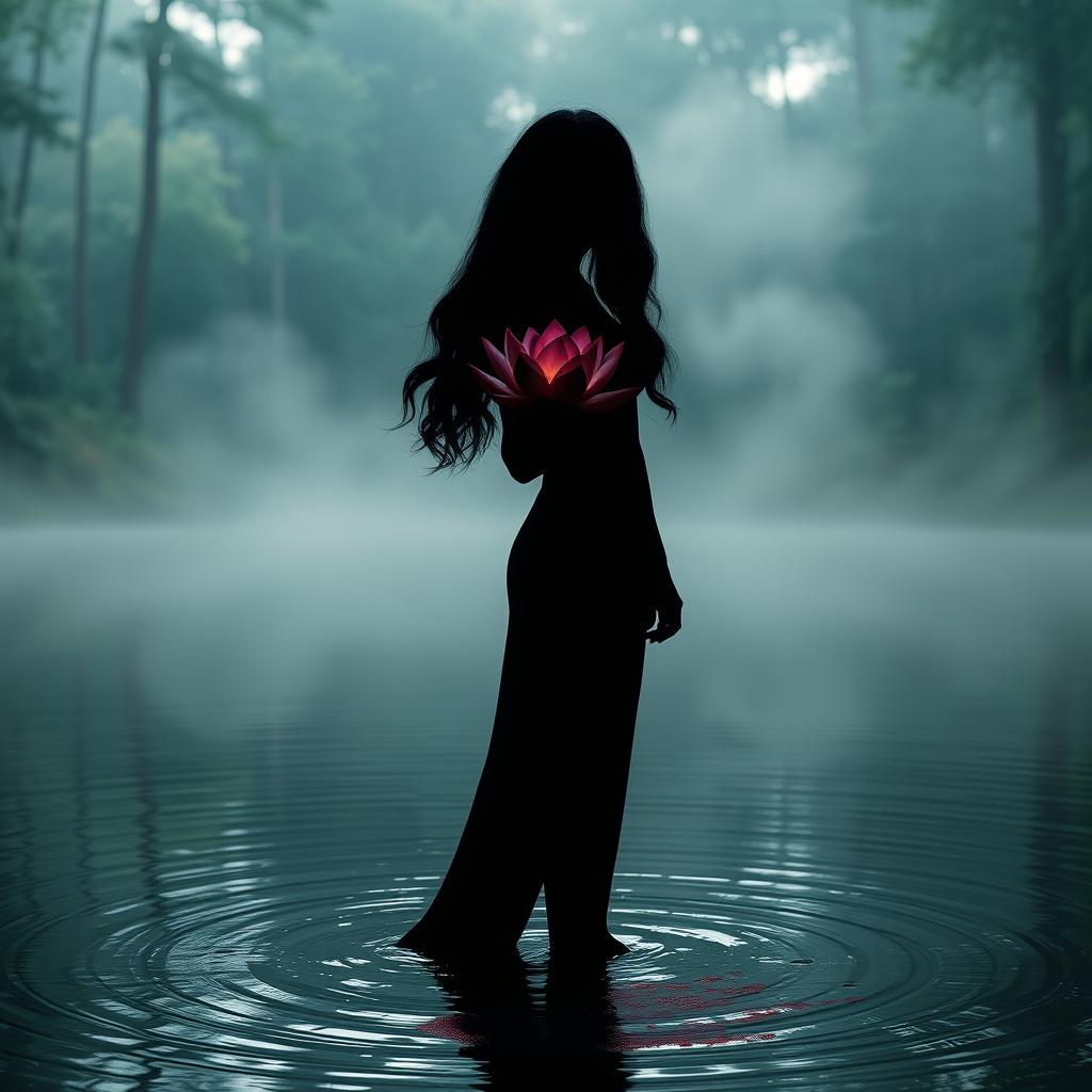 A standing silhouette of a woman with long, flowing black wavy hair, gracefully holding a lotus flower that is vividly covered in blood