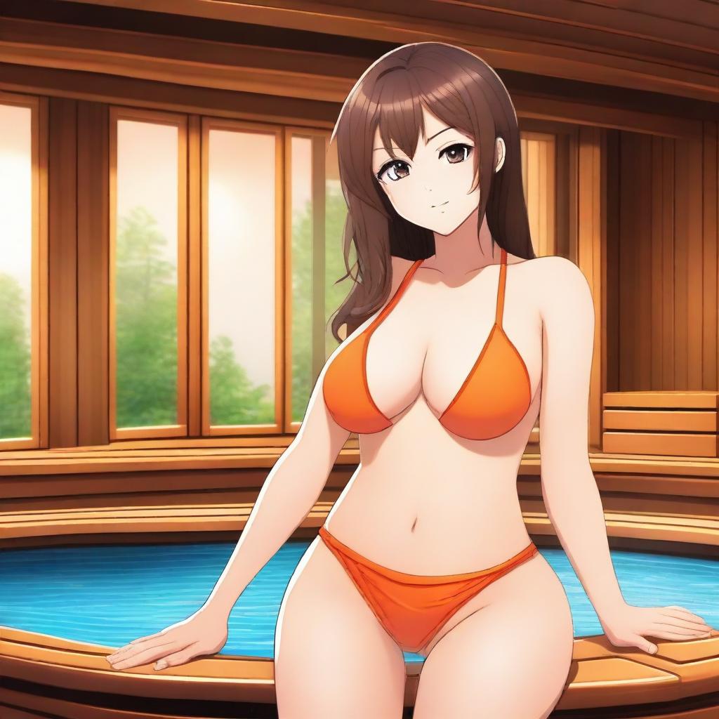 This high-definition digital art image features an attractive anime-style girl with brown hair in an orange bikini, situated in a sauna