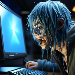 An extremely panicked otaku facing a blue screened computer, depicted in high detail, manga-style, with a short depth of field. The image is rendered at a 64K resolution.