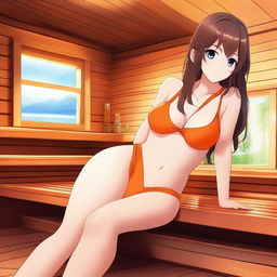 This high-definition digital art image features an attractive anime-style girl with brown hair in an orange bikini, situated in a sauna