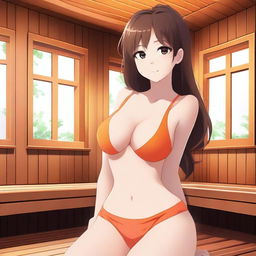 This high-definition digital art image features an attractive anime-style girl with brown hair in an orange bikini, situated in a sauna