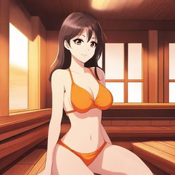 This high-definition digital art image features an attractive anime-style girl with brown hair in an orange bikini, situated in a sauna