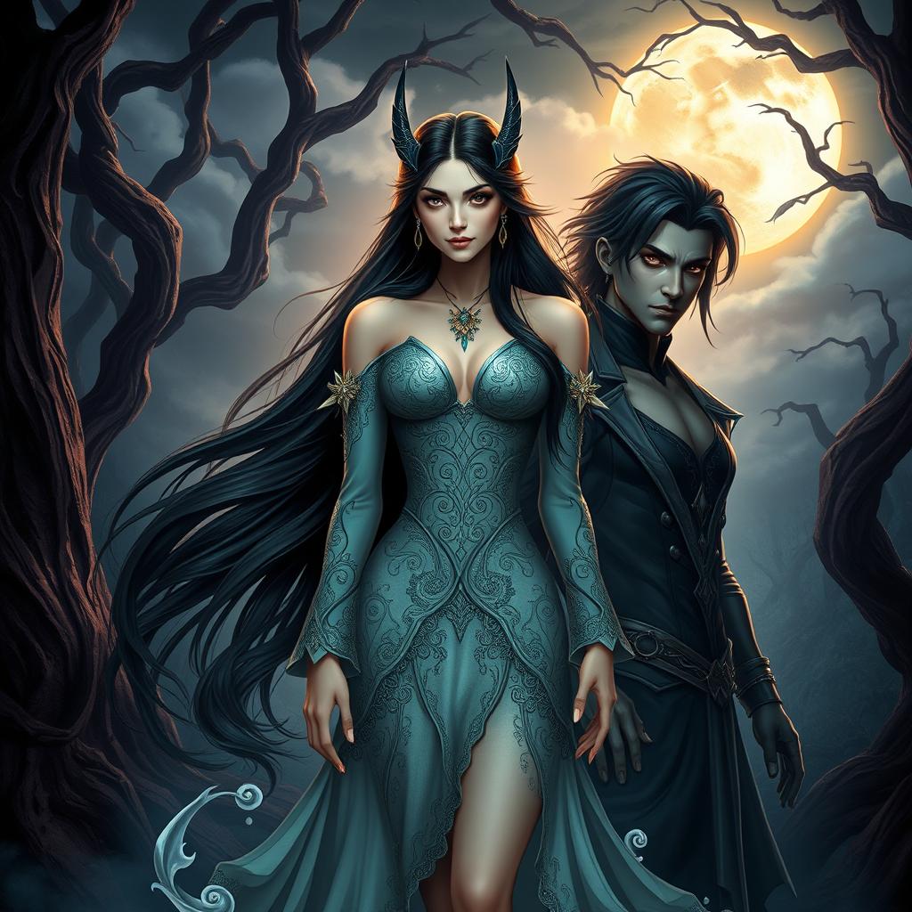 An artistic depiction of Lilith, elegantly styled with long flowing dark hair, wearing a mystical and enchanting outfit with intricate patterns