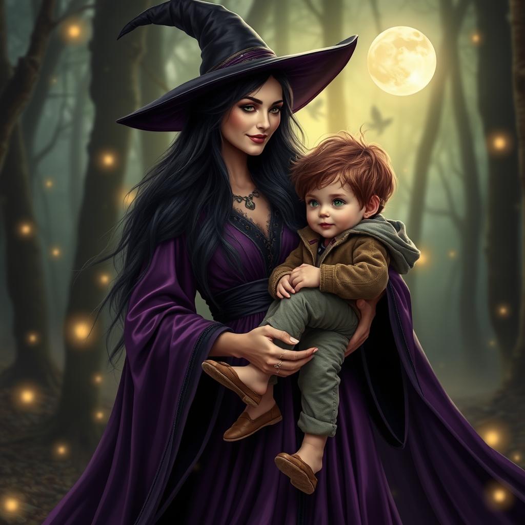 A stunning and enchanting witch mother, elegantly dressed in flowing robes of deep purple and black, radiating a mystical aura