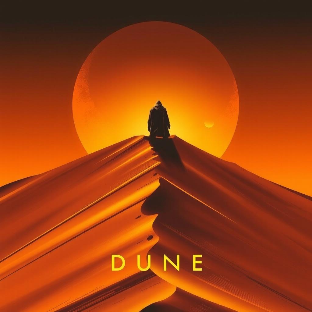 An abstract art style movie poster for the film DUNE, featuring a massive sand dune as the main subject