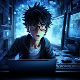 An extremely panicked otaku facing a blue screened computer, depicted in high detail, manga-style, with a short depth of field. The image is rendered at a 64K resolution.