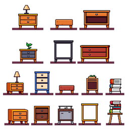 A pixel art spritesheet featuring a bedside table in different variations and angles