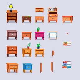 A pixel art spritesheet featuring a bedside table in different variations and angles