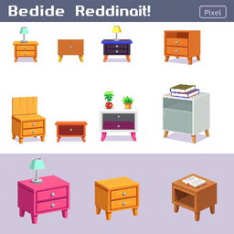 A pixel art spritesheet featuring a bedside table in different variations and angles