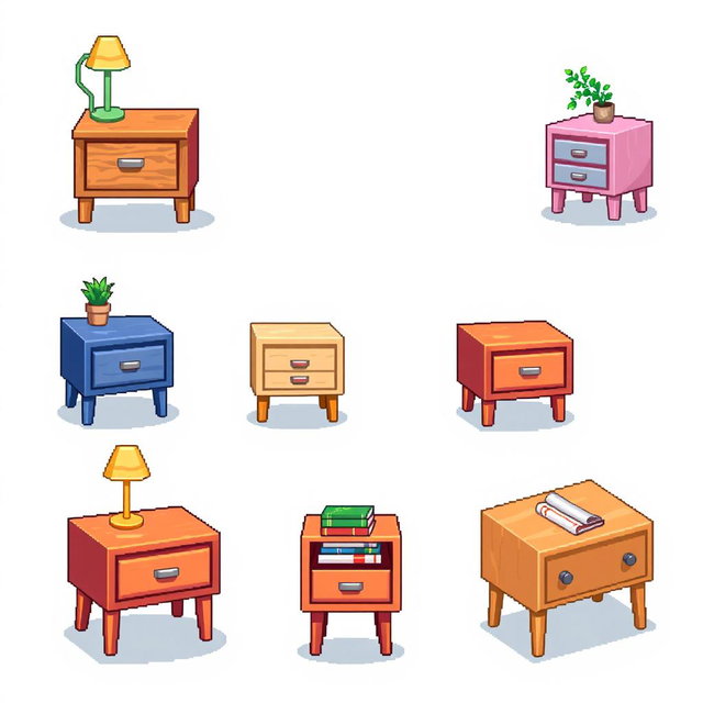 A pixel art spritesheet featuring a bedside table in different variations and angles