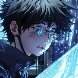 An extremely panicked otaku facing a blue screened computer, depicted in high detail, manga-style, with a short depth of field. The image is rendered at a 64K resolution.