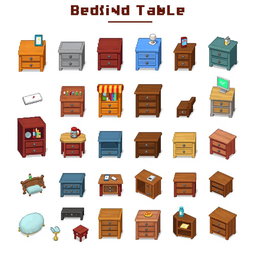A detailed pixel art spritesheet featuring a bedside table