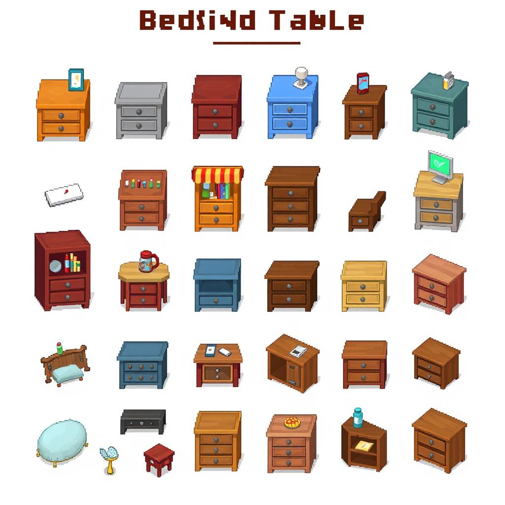 A detailed pixel art spritesheet featuring a bedside table