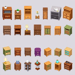 A detailed pixel art spritesheet featuring a bedside table