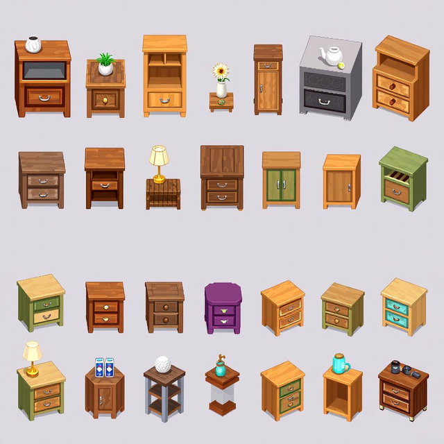 A detailed pixel art spritesheet featuring a bedside table