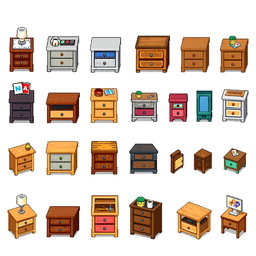 A detailed pixel art spritesheet featuring a bedside table