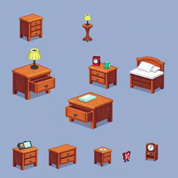 A pixel art spritesheet featuring a bedside table, showcasing multiple designs and angles