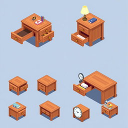 A pixel art spritesheet featuring a bedside table, showcasing multiple designs and angles