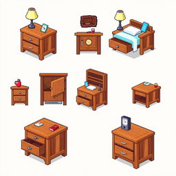 A pixel art spritesheet featuring a bedside table, showcasing multiple designs and angles