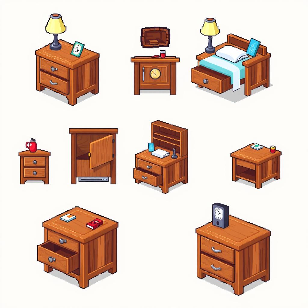 A pixel art spritesheet featuring a bedside table, showcasing multiple designs and angles