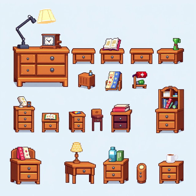 A pixel art spritesheet featuring a detailed bedside table