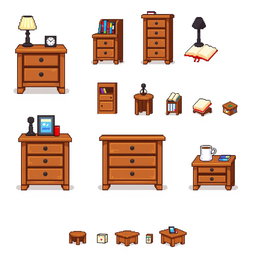 A pixel art spritesheet featuring a detailed bedside table