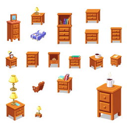 A pixel art spritesheet featuring a detailed bedside table