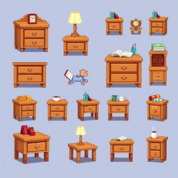 A pixel art spritesheet featuring a detailed bedside table