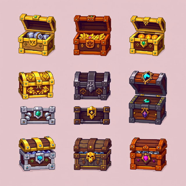 A detailed pixel art spritesheet showcasing a variety of fantasy-themed treasure chests