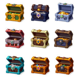 A detailed pixel art spritesheet showcasing a variety of fantasy-themed treasure chests