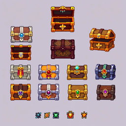A detailed pixel art spritesheet showcasing a variety of fantasy-themed treasure chests