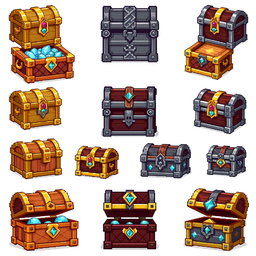 A detailed pixel art spritesheet showcasing a variety of fantasy-themed treasure chests