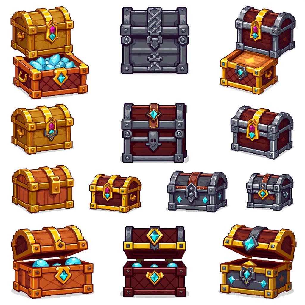 A detailed pixel art spritesheet showcasing a variety of fantasy-themed treasure chests