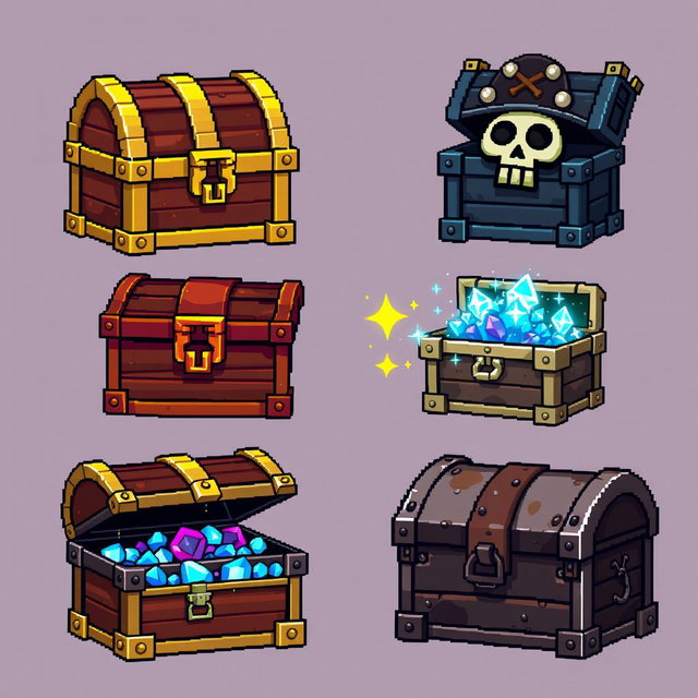 A detailed pixel art spritesheet showcasing various treasure chests in different styles and colors