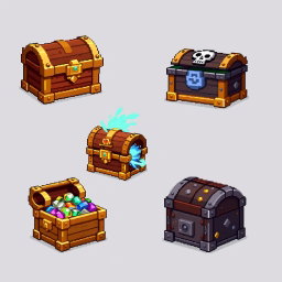 A detailed pixel art spritesheet showcasing various treasure chests in different styles and colors