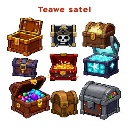 A detailed pixel art spritesheet showcasing various treasure chests in different styles and colors