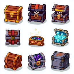 A detailed pixel art spritesheet showcasing various treasure chests in different styles and colors