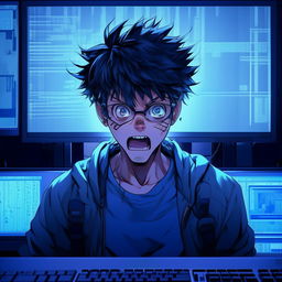 An extremely panicked otaku facing a blue screened computer, depicted in high detail, manga-style, with a short depth of field. The image is rendered at a 64K resolution.