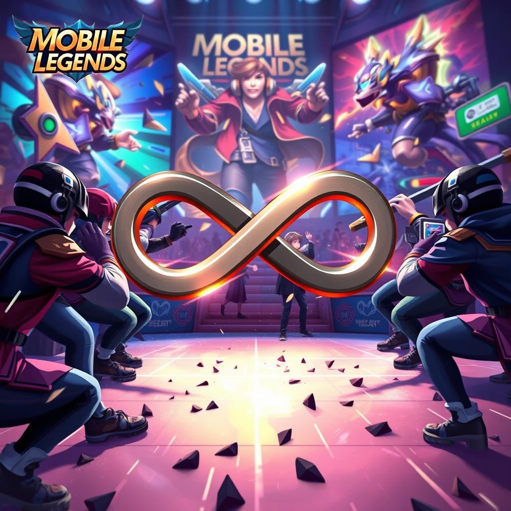 A dynamic and energetic e-sports scene featuring a fierce competition between teams, with the iconic Infinity symbol skillfully integrated into the design