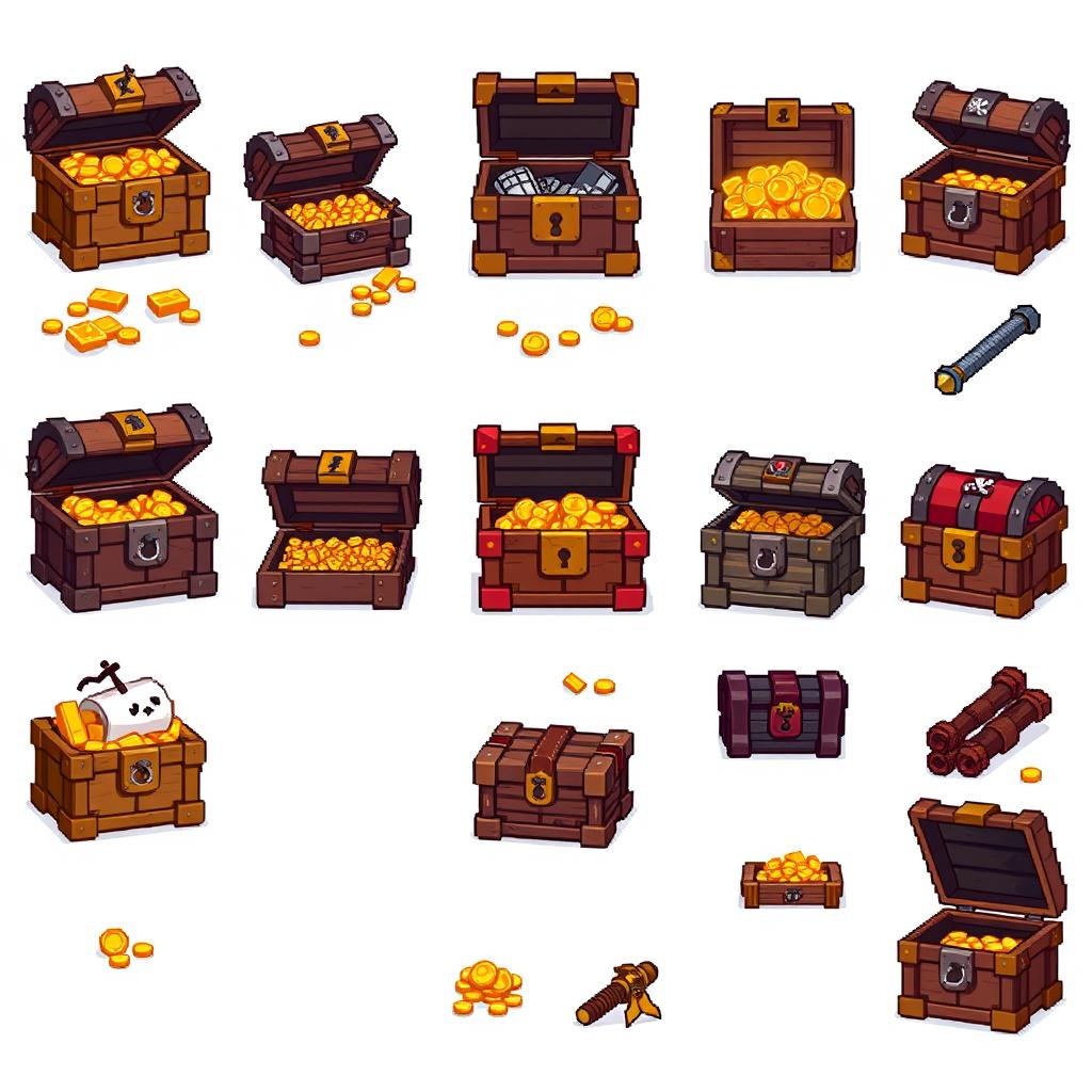 A pixel art sprite sheet featuring a variety of pirate chests (cofre pirata)