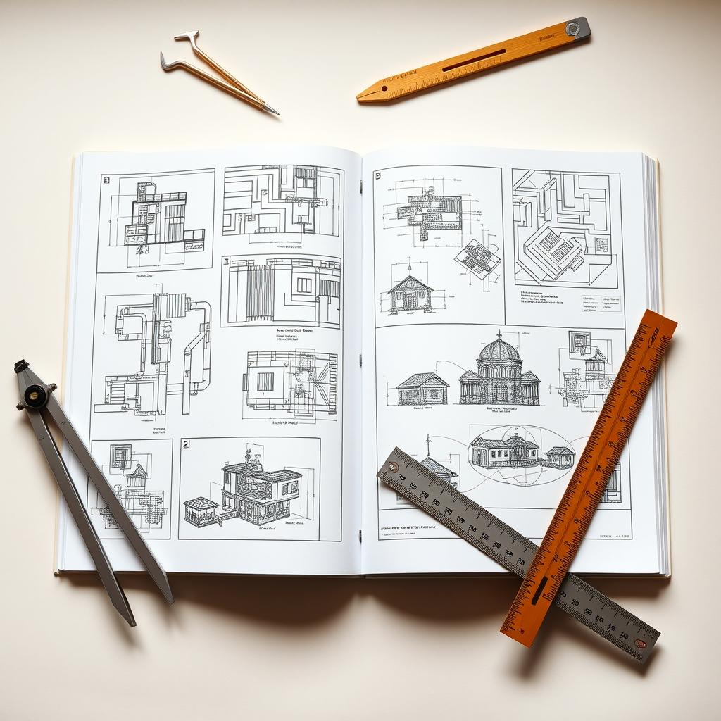 An open engineering workbook featuring detailed AutoCAD drawings and designs