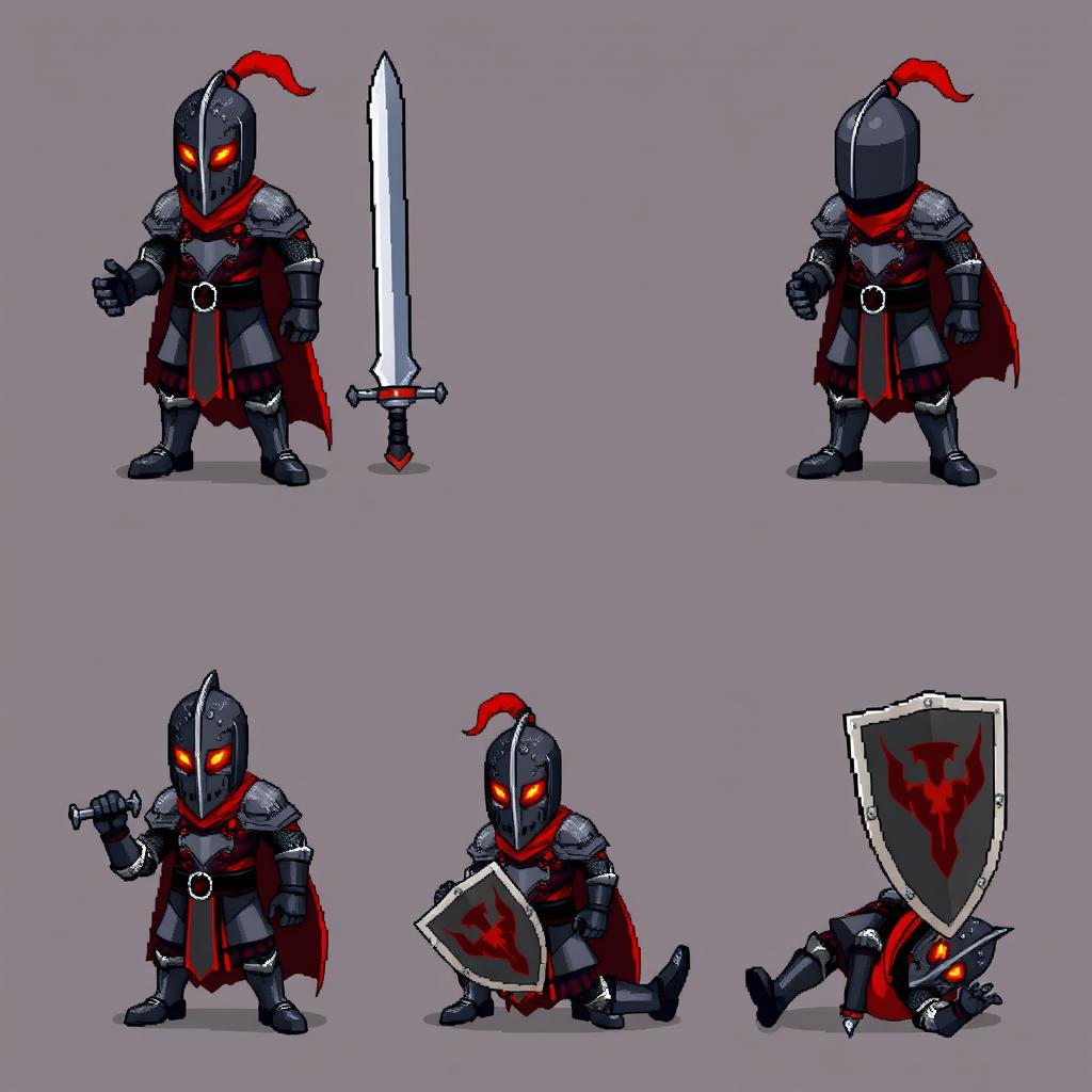 A pixel art sprite sheet depicting a menacing, evil knight in a classic 10-frame animation style