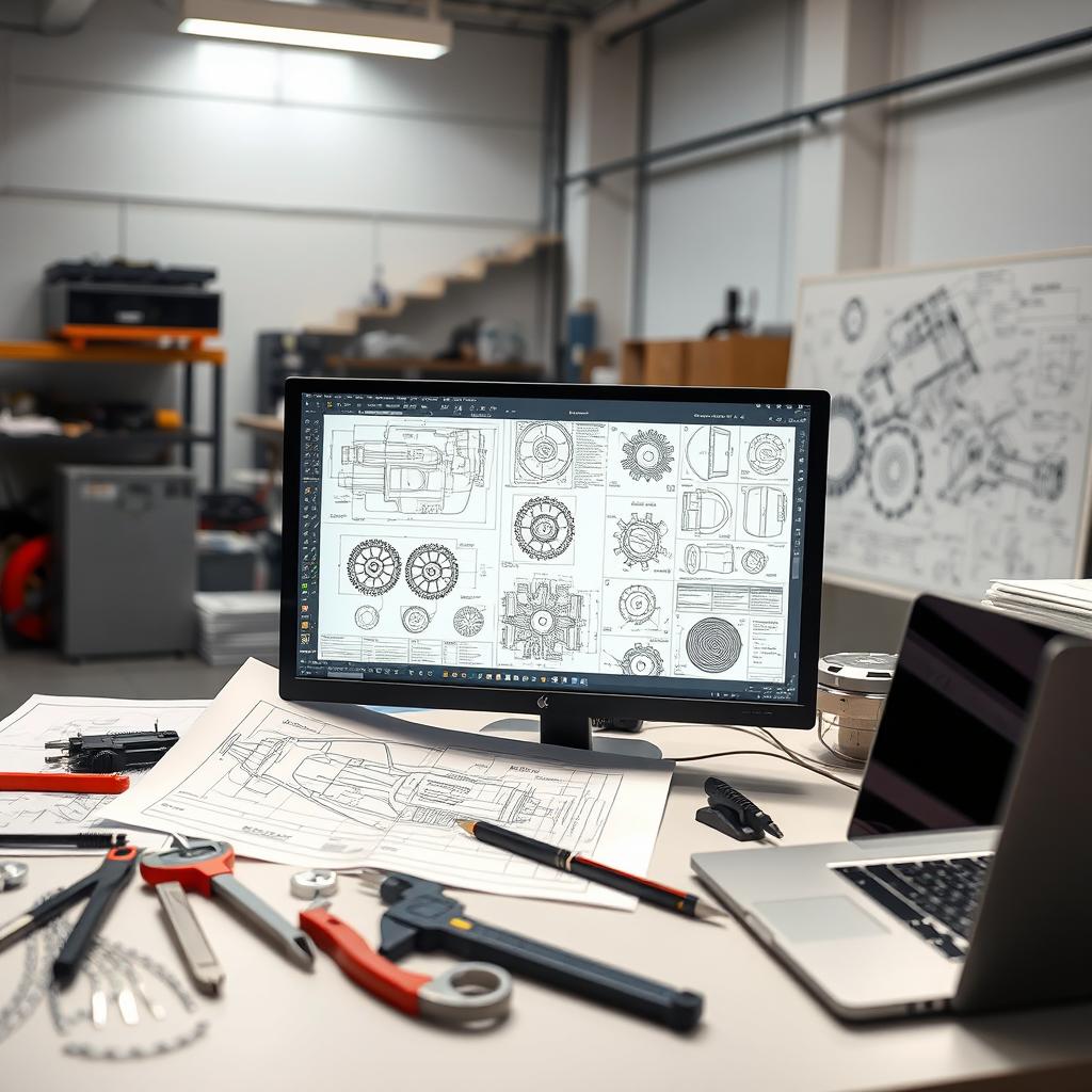 A mechanical AutoCAD workspace displaying an array of complex engineering drawings and schematics